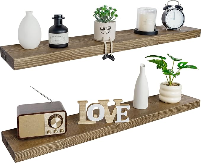 BGMG Wood Floating Shelves for Wall 60 inch Set of 2,Dark Walnut Floating Shelves,Solid Wood Wall Mount Shelves for Living Room Bedroom Kitchen Farmhouse 60x 6.7 x1.75 inch
