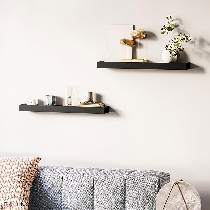 Ballucci Modern Floating Shelves 24", Set of 2 Wood Wall Mount Ledges for Nursery, Living Room, Bathroom, Kitchen, Office, Black