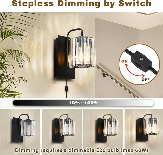 Plug in Sconces, Square Crystal Sconce Black Plug in Wall Sconce with On Off Dimmer Cord, Glass Wall Light Fixtures for Living Room Bedroom Hallway Staircase Bedside