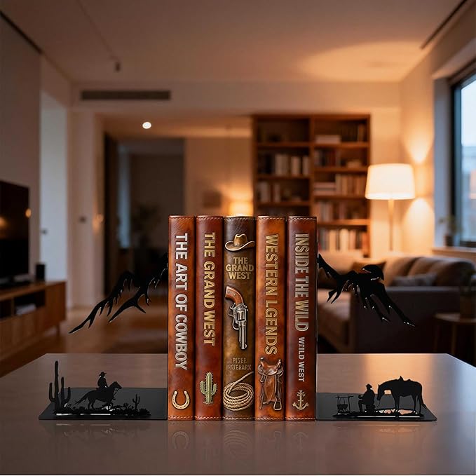 Western Cowboy Metal Bookends – Decorative Book Ends for Shelves, Heavy Duty Book Holders, Unique Vintage Bookends, Novelty Book Stoppers for Home Office Shelf Decor