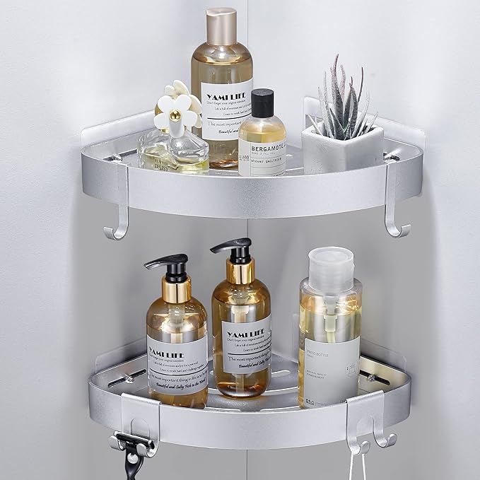 Adhesive Corner Shower Caddy with Hooks,Bathroom Shower Organizer, No Drilling Rust Proof Aluminum Shower Shelf for Inside Shower 2 Pack (Silver)