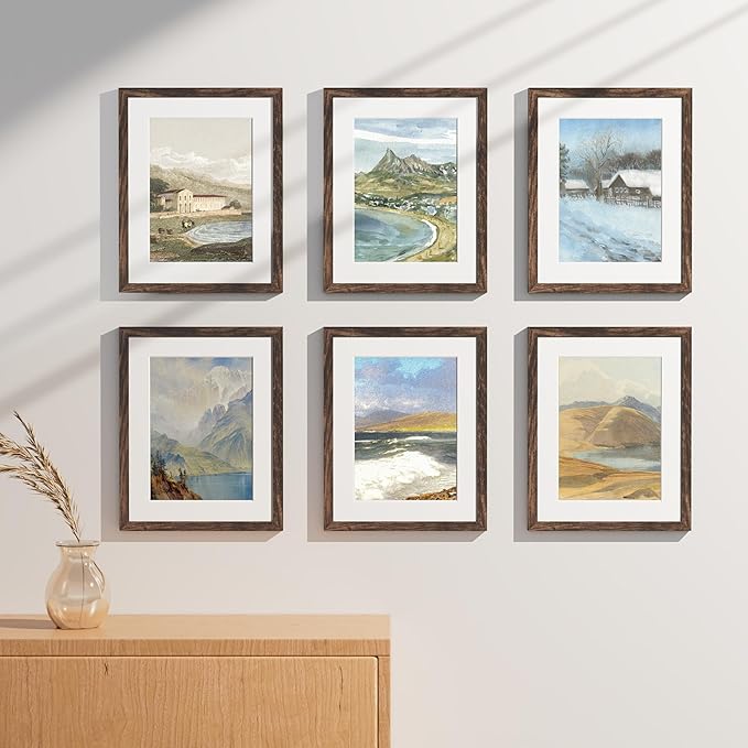 Vittanly 11x14 Picture Frames Set of 9, Shatter Resistant Plexiglass, Display 8x10 Pictures with Mat or 11x14 without Mat, Photo Frames for Wall or Tabletop, Engineered Wood, Brown