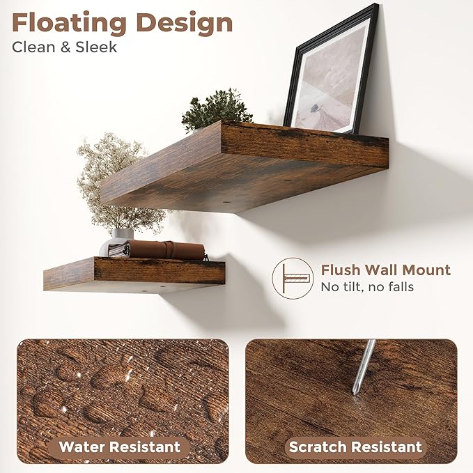 30 Inch Floating Shelves for Wall 2 Pack, 12"D Wood Grain Bathroom Shelves with Invisible Brackets, Easy Install Engineered Wood Storage Shelves for Kitchen, Living Room, Bedroom, Rustic Brown Finish