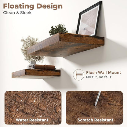 30 Inch Floating Shelves for Wall 2 Pack, 12"D Wood Grain Bathroom Shelves with Invisible Brackets, Easy Install Engineered Wood Storage Shelves for Kitchen, Living Room, Bedroom, Rustic Brown Finish