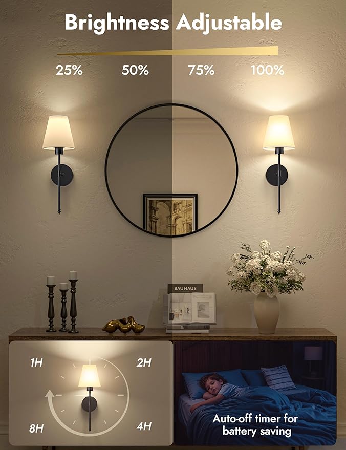 VOLISUN Battery Operated Wall Sconces Set of Two, Wireless Wall Sconces with Remote and Dimmable Bulbs, 9 Colors Battery Powered Wall Lights, Black Rechargeable Wall Lamps for Bedroom (19.7 inch)