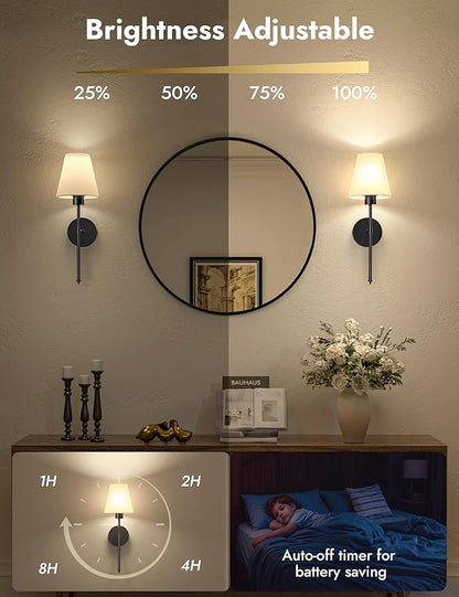 VOLISUN Battery Operated Wall Sconces Set of Two, Wireless Wall Sconces with Remote and Dimmable Bulbs, 9 Colors Battery Powered Wall Lights, Black Rechargeable Wall Lamps for Bedroom (19.7 inch)