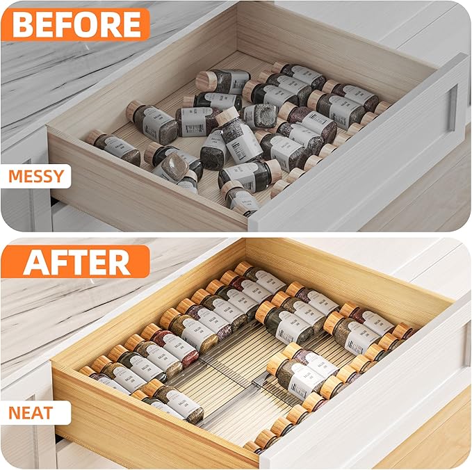 MUDEELA Clear Spice Drawer Organizer, 4 Tier- 2 Set (8 Packs) Spice Rack for Drawer, Expandable From 11