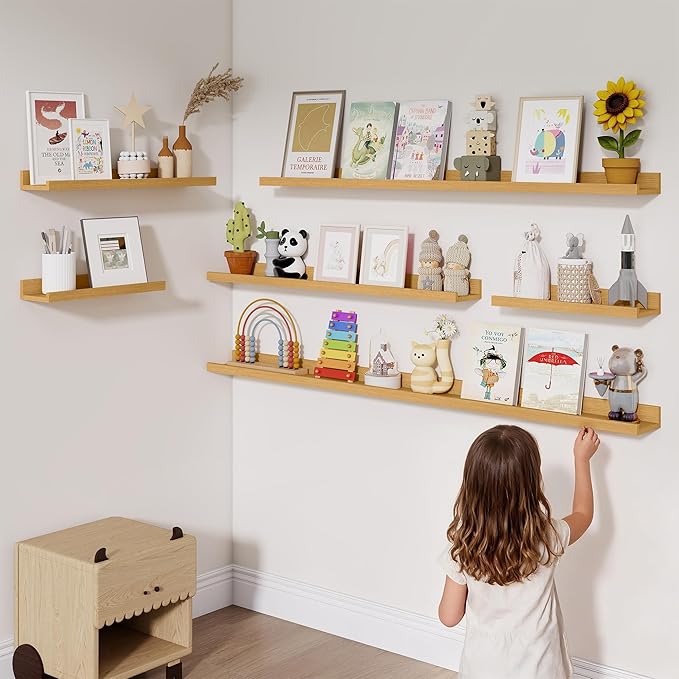 Heimlove Picture Ledge Shelf,24 inch Long Floating Shelves for Wall Set of 2,Picture Shelf with Lip for Wall Decor,Living Room,Bedroom,Bookshelf,Nursery,Perfume,Oak Color