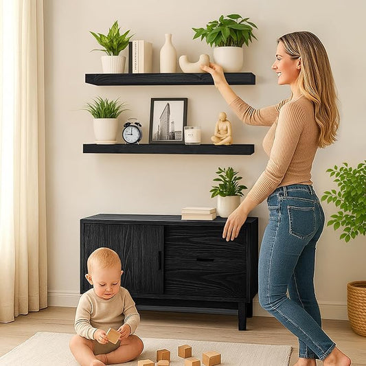 Wood Floating Shelves 36 inch Long Set of 2,8 inch deep Solid Wood Wall Mounted Shelves for Living Room Kitchen,Book Shelf for Wall with Hidden Bracket- Black