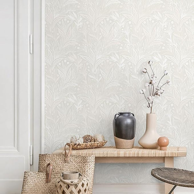 Peel and Stick Wallpaper Boho Contact Paper Beige Neutral Leaf Wall Paper Modern Self Adhesive Removable Wallpaper for Bedroom Living Room Waterproof Vinyl Roll 17.3"x197"