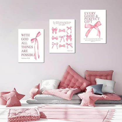 Pink Bow Canvas Wall Art Set of 3, Pink Coquette Dorm Room Wall Decor Paintings, Inspirational Scripture Verses Bows Posters Prints Pictures for Girls Dorm Room Bathroom Bedroom 16x24 Inch Framed