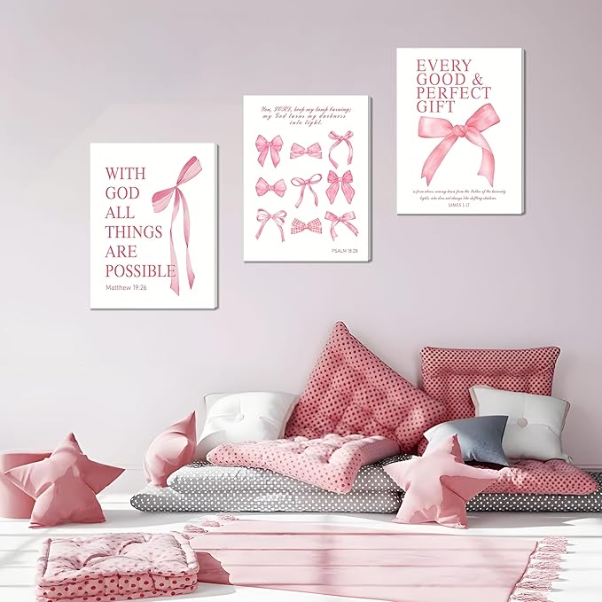 Pink Bow Canvas Wall Art Set of 3, Pink Coquette Dorm Room Wall Decor Paintings, Inspirational Scripture Verses Bows Posters Prints Pictures for Girls Dorm Room Bathroom Bedroom 16x24 Inch Framed
