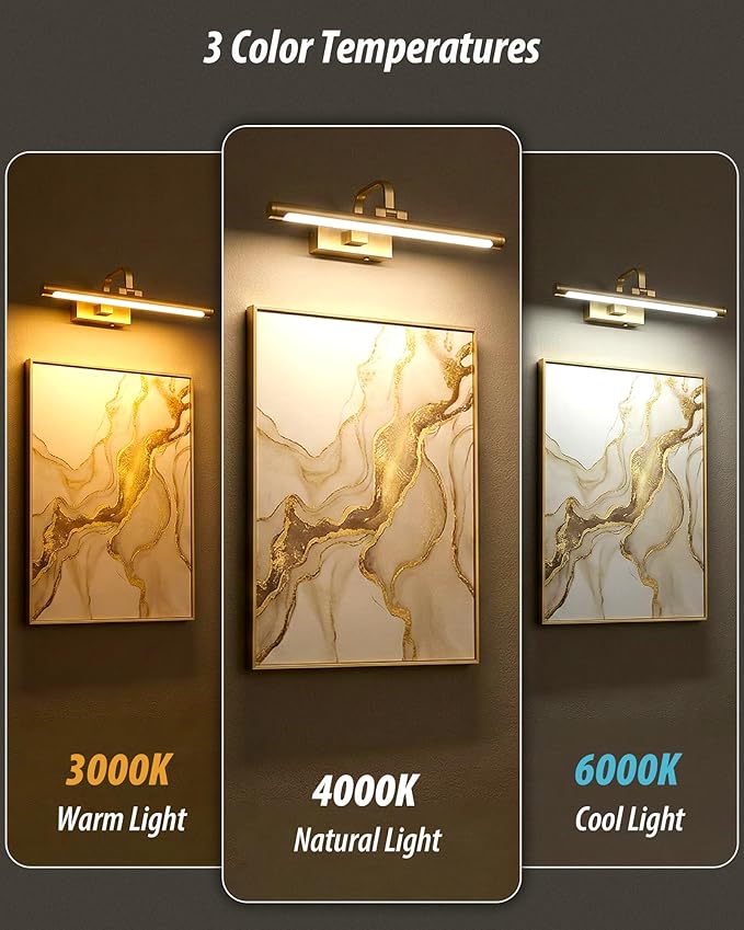 URSOLA 16“ Picture Lights for Wall, Brass Battery Operated Picture Frame Light, Dimmable LED Light Over Picture Frame with 3 CCT, Display for Gallery, Living Room, Bedroom, Hallway