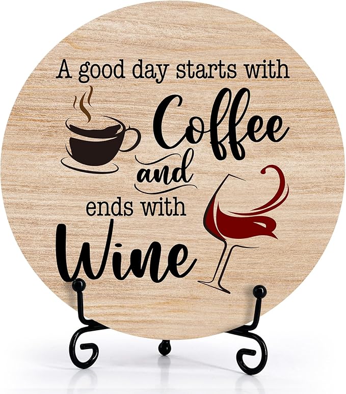 Coffee And Wine Desk Decor Sign, Rustic Funny Wooden Box Plaque, A Good Day Starts With Coffee And Ends With Wine Wood Sign, Decor For Home Kitchen Tabletop, Wooden Round With Stand-06