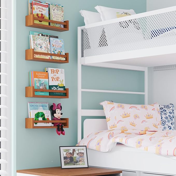 Wallniture Utah Floating Shelves for Wall, Wood Bookshelf for Kids Books, Picture Frames, Nursery Wall Decor, Walnut, Set of 2