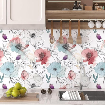 Floral Peel and Stick Wallpaper, Watercolor Flowers Contact Paper 17.5" x 393.7",Large Blooming Flower Botanical Wall Paper Self Adhesive Removable for Shelves Cabinet Table Decor- White,Blue,Pink