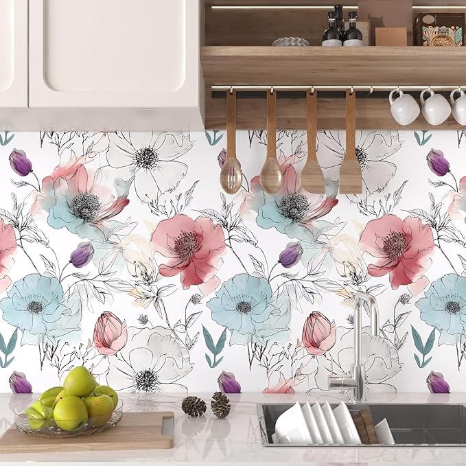 Floral Peel and Stick Wallpaper, Watercolor Flowers Contact Paper 17.5