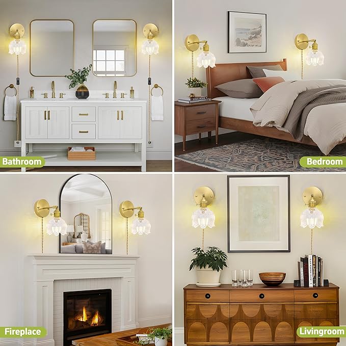 Plug in Wall Sconces,Plug in Wall Lamp, Vintage Wall Light with Clear Tulip Glass Lampshade, 3-Way Dimmable with Dual Switches, No Wiring Needed for Bedroom Wall Decor and Hallway