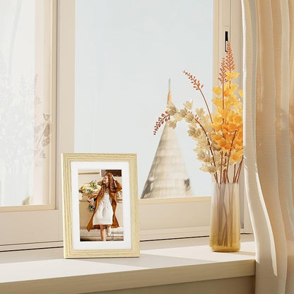 Vittanly 5x7 Picture Frame Set of 4, Display Pictures 4x6 with Mat or 5x7 without Mat, Small Photo Frames for Wall or Tabletop Display, Engineered Wood with Shatter Resistant Plexiglass, Natural
