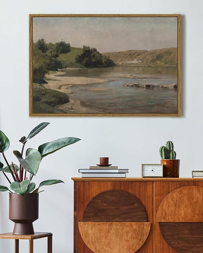SHENIFY 24x36in Large Vintage Landscape Framed Canvas Wall Art Grassland Classic Paintings Farmhouse Bathroom Office Decor - Natural Framed