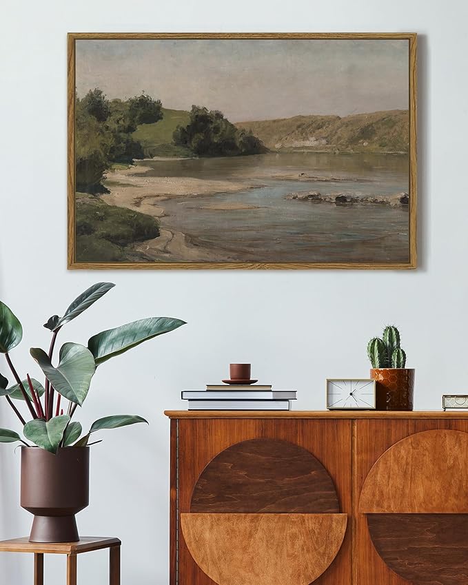SHENIFY 24x36in Large Vintage Landscape Framed Canvas Wall Art Grassland Classic Paintings Farmhouse Bathroom Office Decor - Natural Framed