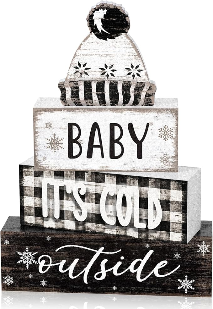 Marsui 4 Pcs Winter Wooden Tabletop Decor Wooden Hat Block Sign Rustic Tiered Tray Decor Baby Its Cold Outside Table Centerpiece Cozy Neutral Winter Decoration for Home Office Desk Shelf
