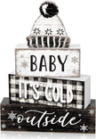 Marsui 4 Pcs Winter Wooden Tabletop Decor Wooden Hat Block Sign Rustic Tiered Tray Decor Baby Its Cold Outside Table Centerpiece Cozy Neutral Winter Decoration for Home Office Desk Shelf