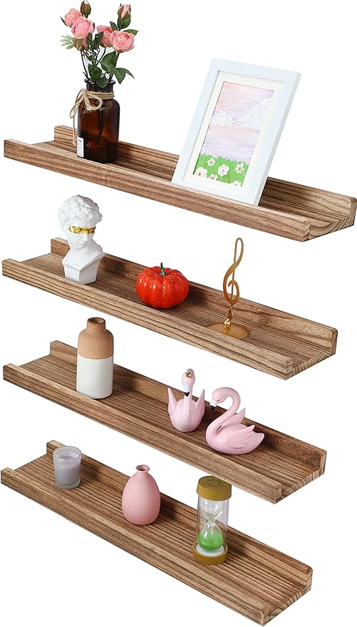 Long Floating Shelves With Lip,Picture Ledge Shelves Set of 4,Rustic Photo Frames Storage Display Shelves Wall Mounted for Living Room Bedroom Kitchen Kids Nursery,Home Office Decor 24 Inch