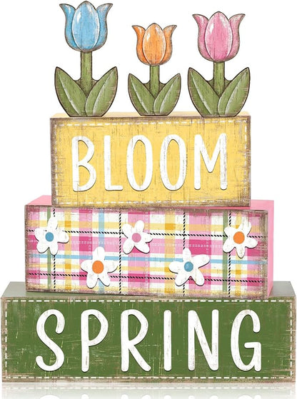DIYDEC 6Pcs Spring Tabletop Decorations Tulip Wooden Block Signs Rustic Pastel Tulip Tiered Tray Decor Spring Centerpiece Farmhouse Wood Flower Table Sign for Kitchen Home Office Party Decor