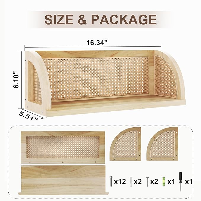 Wooden Rattan Wall Shelf, 16 Inch Long Hanging Shelves, Natural Wall Mounted Shelves, Easy to Install Floating Shelf, Decorative Wall Shelves for Kitchen, Bathroom, Living Room