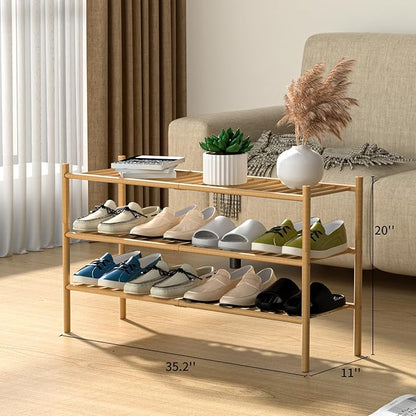 3-Tier Bamboo Long Shoe Rack, Free Standing Wood Shoe Shelf Storage Organizer for Closet Entryway Stackable 35"x11"x20" (Natural)