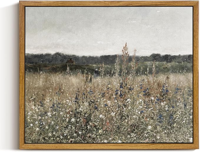 InSimSea Framed Canvas Wall Art Vintage Decor, Wildflower Field Canvas Wall Art Paintings Prints, Rustic Landscape Wall Decor for Bathroom Office Dining Room, 9