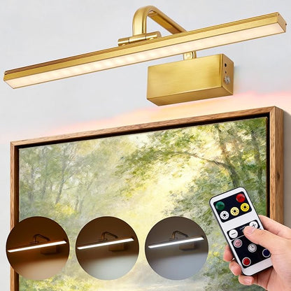 Picture Light,Picture Lights for Wall Cordless,Picture Lights with Timer and Dimmable,Battery Wall Lights for Display Gallery Painting Art Frame Portrait-L Brass