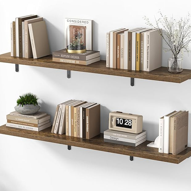 Marsmiles Extra Wide Floating Shelves for Wall, 48x8 Inch Natural Wood Grain Bookshelves, Heavy Duty Mounted Shelving for Bathroom, Kitchen, Living Room, Bedroom,Set of 2，Rustic Brown