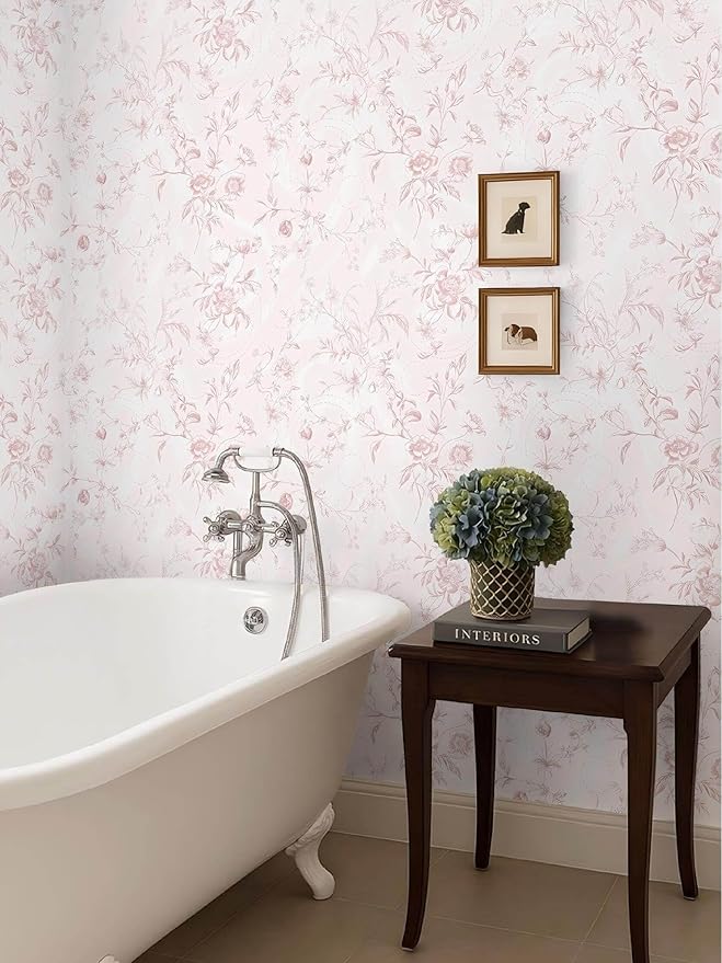 Ismoon Peel and Stick Wallpaper Floral Pink Stick on Wall Paper Vintage French Contact Paper for Cabinet Textured Removable Self Adhesive Wallpaper Vinyl Roll Shelf Deco, 17.3x78.7in