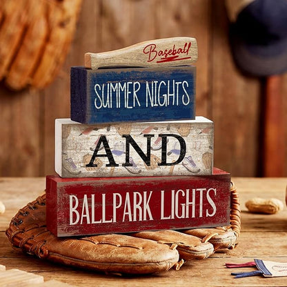 4 Pcs Baseball Decorations Stacked Wooden Blocks Signs with Bat Topper, Summer Nights Ballpark Lights Decor - Baseball Table Decor Ideal Gift for Fans Boys Room Party Coffee Shelf
