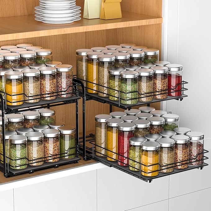 RCHYFEED Spice Rack Organizer for Cabinet, 2 Tier Pull Out Spice Racks for Inside Cabinets & Pantry, Height Adjustable Heavy Duty Vertical Spice Shelf for Seasoning Organizer(9.5
