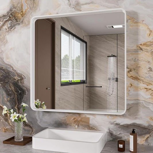 White Bathroom Mirror 36x36 Inch, White Metal Framed Bathroom Mirror for Wall, Rounded Rectangle Matte Bathroom Vanity Mirror, Tempered Glass, Anti-Rust, Horizontal/Vertical