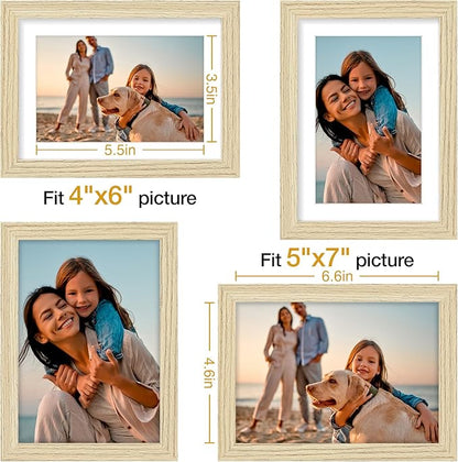 Vittanly 5x7 Picture Frame Set of 4, Display Pictures 4x6 with Mat or 5x7 without Mat, Small Photo Frames for Wall or Tabletop Display, Engineered Wood with Shatter Resistant Plexiglass, Natural
