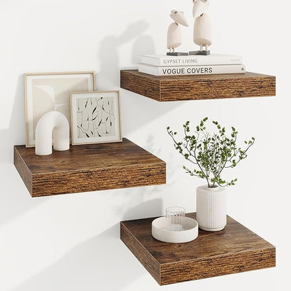 Square Floating Shelves for Wall, 12"W x 12"D x 1.5"H, 3 Pack Small Wall Mounted Engineered Wood Shelves with Invisible Brackets for Living Room, Bedroom, Bathroom, Kitchen Decor, Rustic Brown