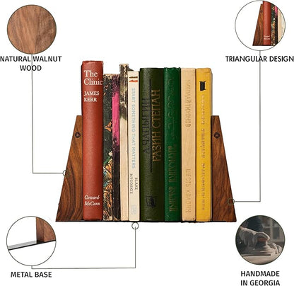TILISMA Walnut Bookends for Shelves | Wooden Book Ends for Shelves | Sturdy Book Holders, Stoppers with Metal Base for Bookshelves | Slick Decorative Bookends Stands Firmly on Bookshelf (4 Pairs)
