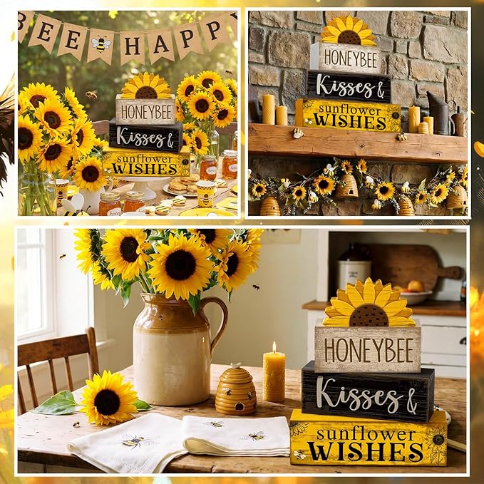 4 Pcs Summer Table Decor Wooden Sunflower Tiered Tray Decor Rustic Farmhouse Yellow Block Signs Gifts Summer Tabletop Centerpieces for Home Kitchen Coffee Bar Decorations