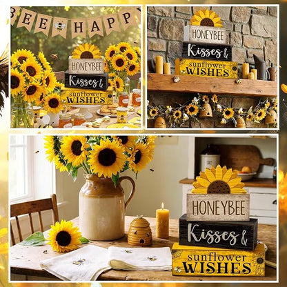 4 Pcs Summer Table Decor Wooden Sunflower Tiered Tray Decor Rustic Farmhouse Yellow Block Signs Gifts Summer Tabletop Centerpieces for Home Kitchen Coffee Bar Decorations