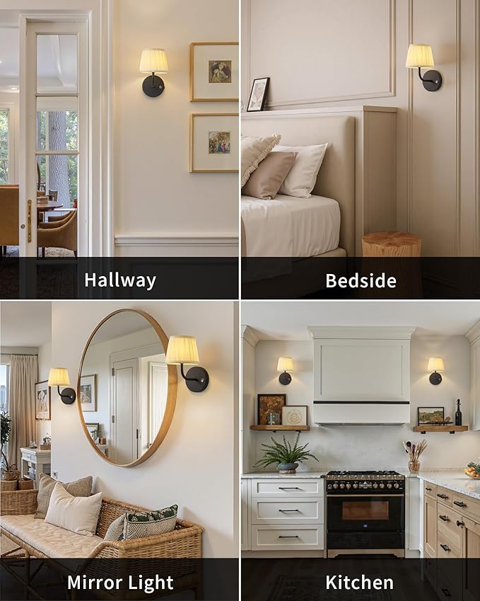 PUSU LED Cordless Black H9.6 inch Small Wall Sconces Set of 2, Rechargeable 5200mAh Battery Operated Fabric Wall Lamp with Remote, Lighting for Living Room, Bedroom, Hallway, Bathroom, Stairs, Kitchen