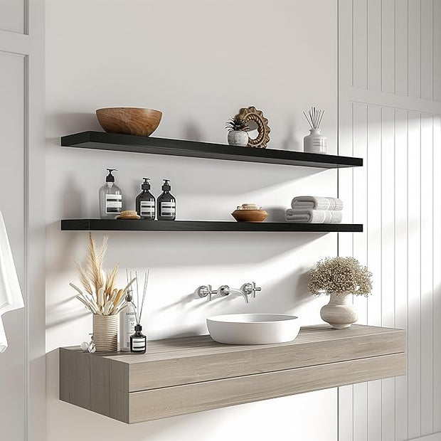 PHPH 48 Inch Wood Floating Shelves for Wall, Wooden Wall Shelves for Bedroom, Set of 4 Black