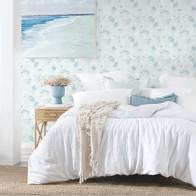 Dimoon 197"x17.3" Blue Wallpaper Floral Contact Paper Peel and Stick Wallpaper White Vintage French Country Renter Friendly Bathroom Boho Flower Removable Wall Paper Kitchen Self Adhesive Vinyl Roll