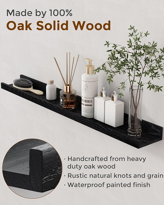 Axeman Oak Picture Ledge Shelf, 72 Inch Floating Shelves Set of 2, Solid Oak Wood Wall Shelves with Lip, Wall Decor Storage for Bedroom Living Room Bathroom Kitchen Nursery Photo Picture, Black