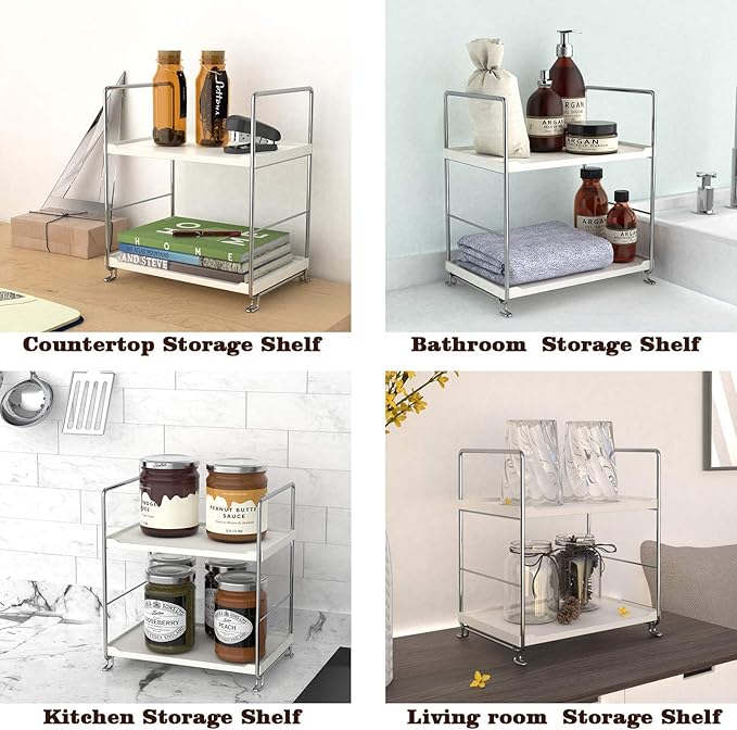 Plastic/Metal Freestanding Stackable Organizer Shelf,Bathroom Countertop Storage Shelf Cosmetic Organizer Holder Kitchen Spice Rack,2-Tier Standing Rack (Silver)