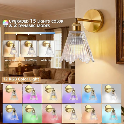 Vintage Battery Operated Wall Sconce with Transparent Crystal Grid Glass Lampshade Rechargeable Battery Powered Wall Light with Remote Control for Bedside Bedroom Bathroom, Set of 1