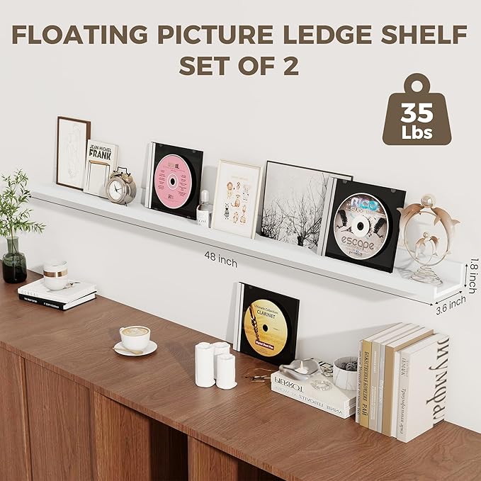 Axeman 48 Inch Floating Shelves | Picture Ledge Shelf Set of 2 | White Wall Shelves with Lip | White Picture Shelf for Wall with Ledge | Photo Ledges 48 Inch